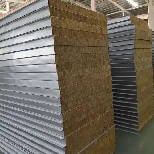 Large stack of rock wool sandwich panels in factory warehouse